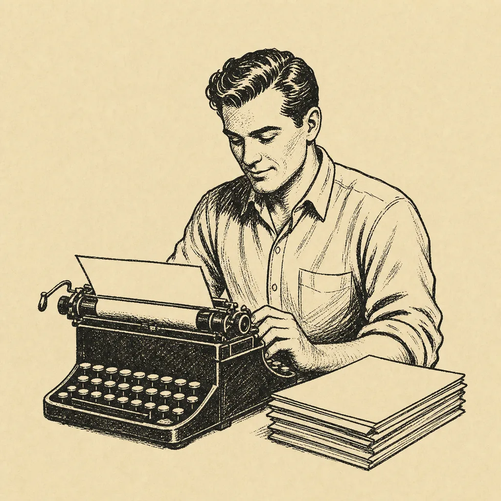 Engraved portrait of the founder at his typewriter with a stack of newsletters