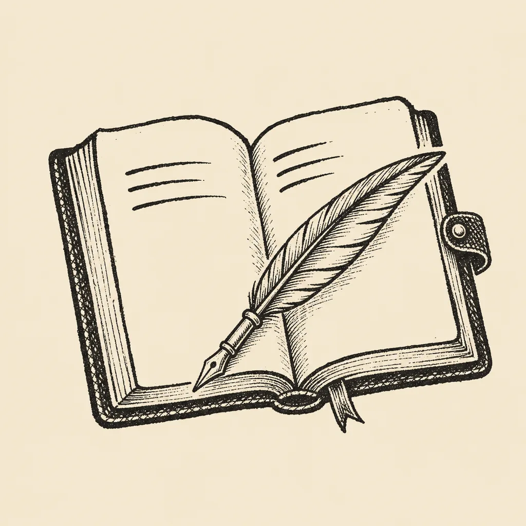 Engraved ledger book with quill pen