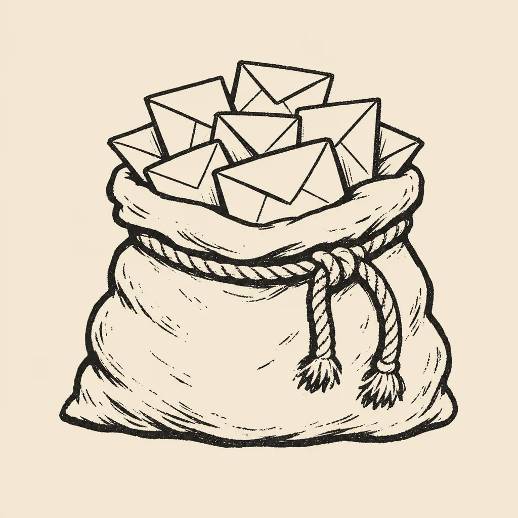 Engraved mail sack overflowing with letters