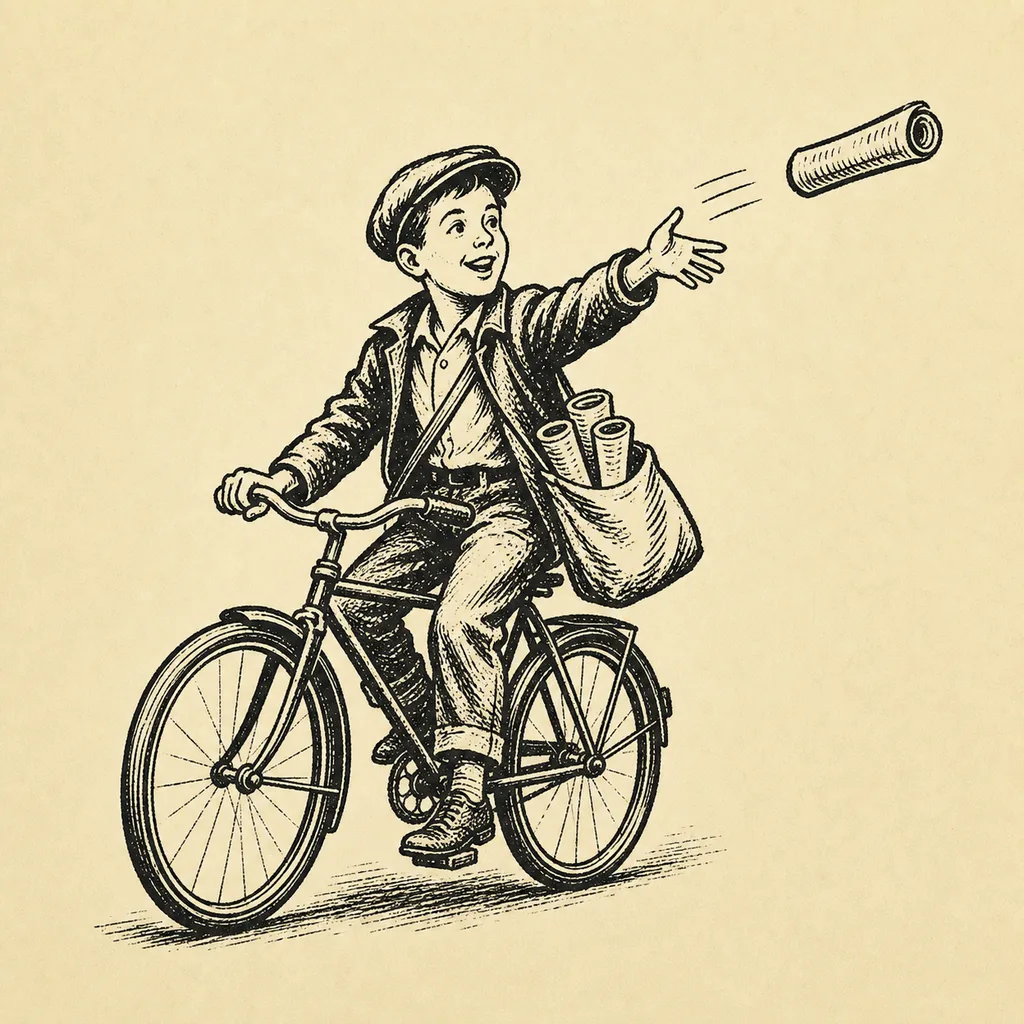 Engraved paperboy on a bicycle tossing a rolled newspaper