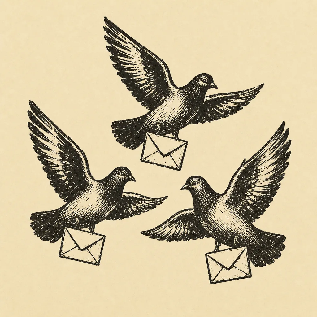 Engraved carrier pigeons carrying envelopes