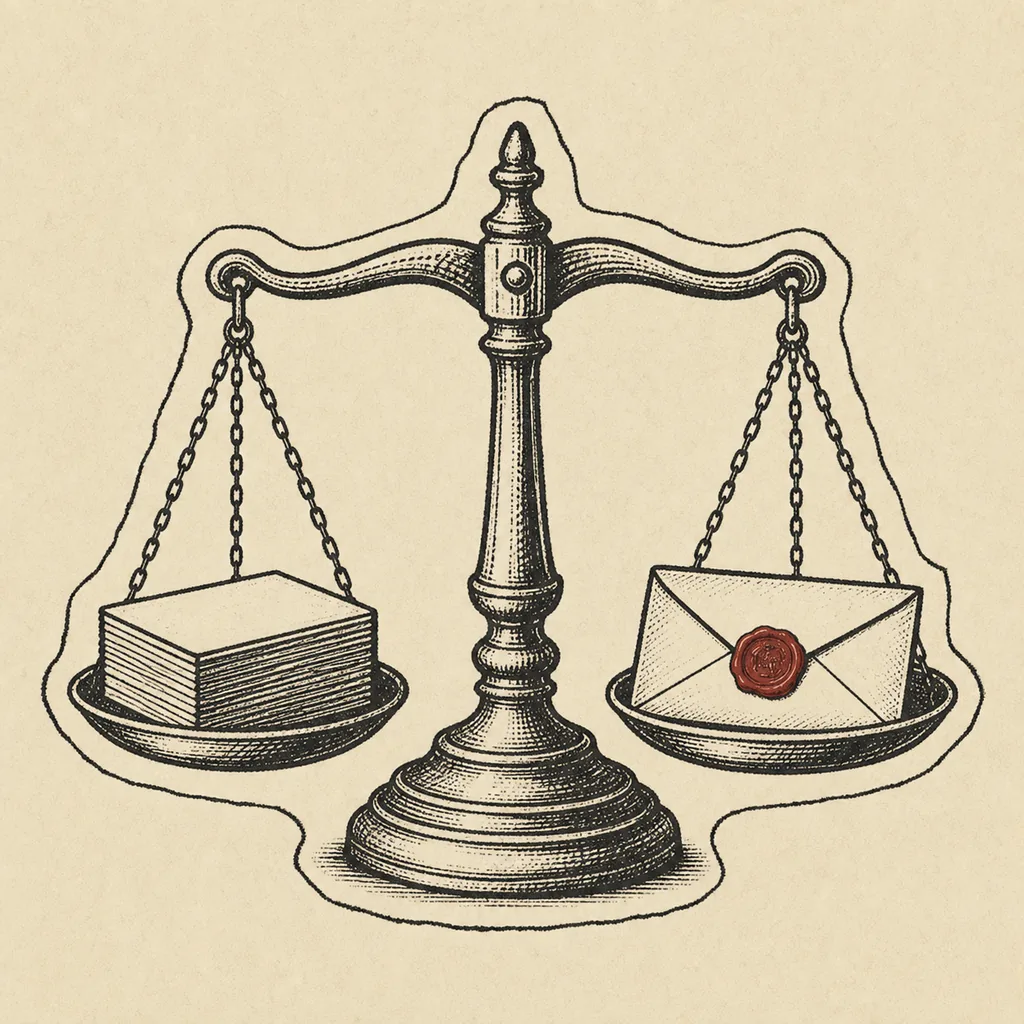 Engraved balance scale weighing a stack of bought cards against one sealed letter