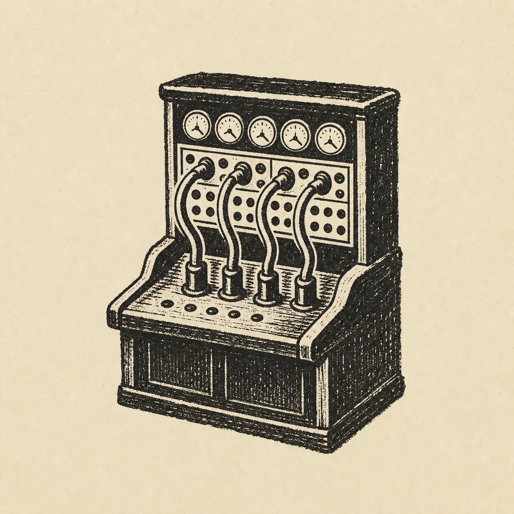 Engraved vintage switchboard with dials and gauges