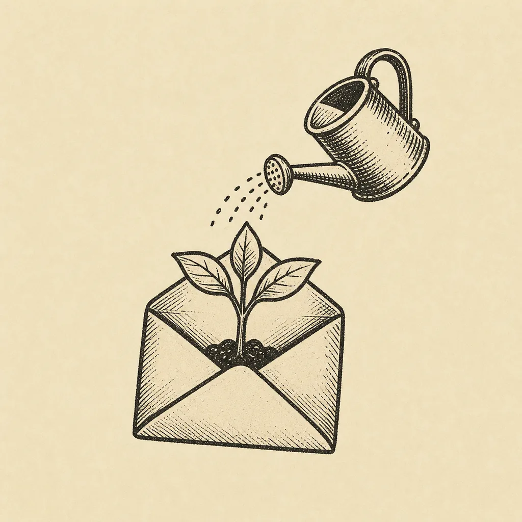 Engraved watering can watering a seedling growing from an envelope